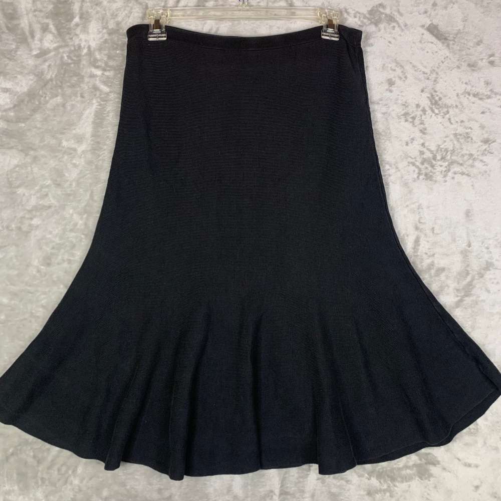 Eileen Fisher Midi Skirt Silk Blend Ribbed Knit Flared Black XS Quiet Luxury